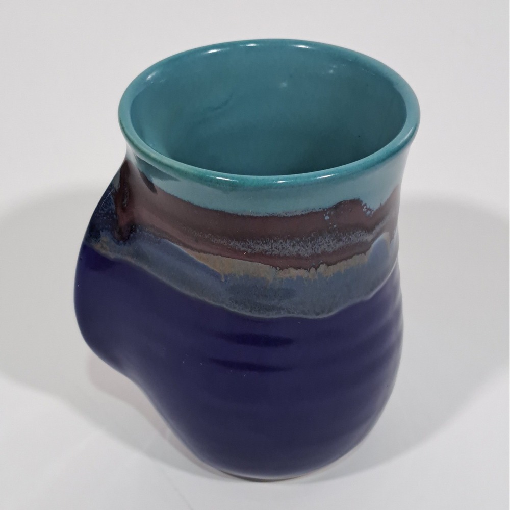 Fisher 2015 Studio Pottery Hand Warmer Mug Blue Teal Ceramic Ergonomic Pocket